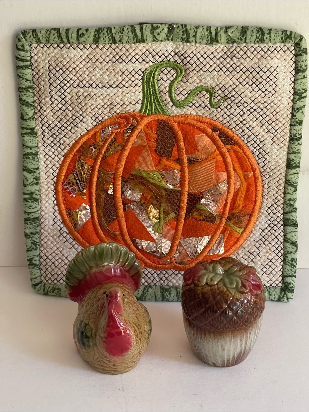 Embroidered Pumpkin Hot Pad with Salt and Pepper Shaker